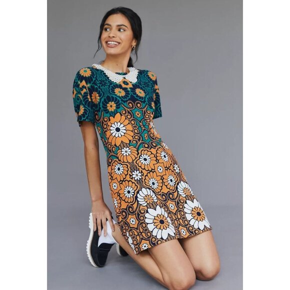 Anthropologie Maeve Floral Shift Mini Dress Mod Blue Green Size M Pockets Casual - Picture 2 of 12